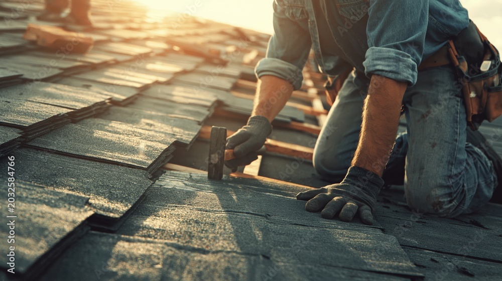Fototapeta premium Roofer Kneeling on a Shingle Roof Installing New Material During Sunset