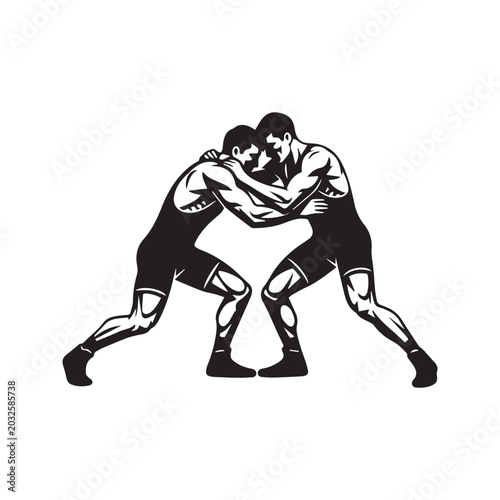 Εκτύπωση καμβά Silhouette of two wrestlers grappling in a match, martial arts vector illustrati