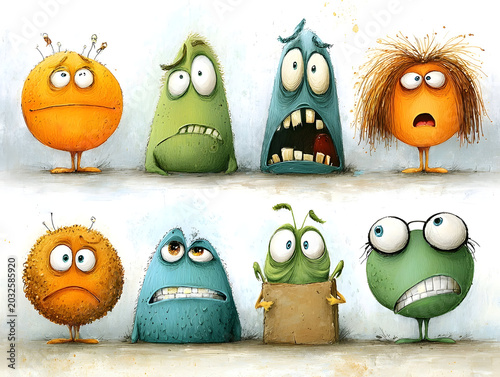 Collection of colorful, cute cartoon monsters showing a range of emotions—surprised, sad, scared, angry and happy—playful, whimsical characters perfect for kids’ stories and designs