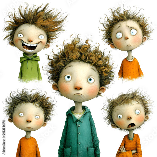 Young boy displaying a range of childhood emotions and feelings, with a variety of facial expressions and moods like happiness, sadness, worry, and surprise