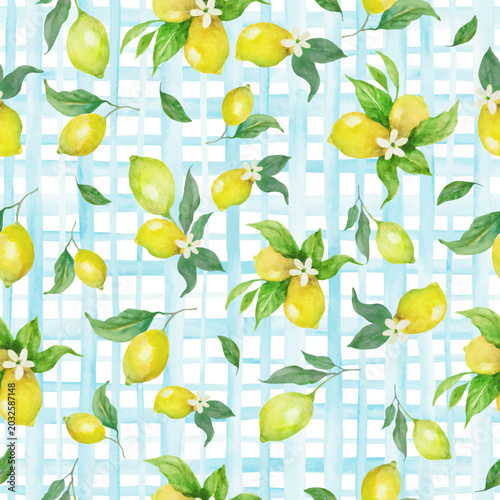 Watercolor Lemon Fruit Seamless Pattern: Hand-Painted Yellow Lemons and Flowers on Light Blue Gingham Checkered Background, Mediterranean Summer Print. Vector EPS.