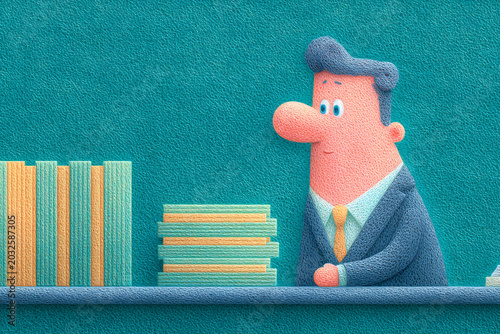 Cartoon businessman on a textured blue shelf, balancing work and education, surrounded by stacks of books representing learning, knowledge, and professional development