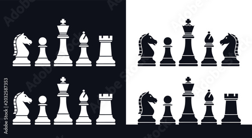 Chess pieces silhouette icons showing king, queen, bishop, knight, rook, and pawn in various black and white styles.