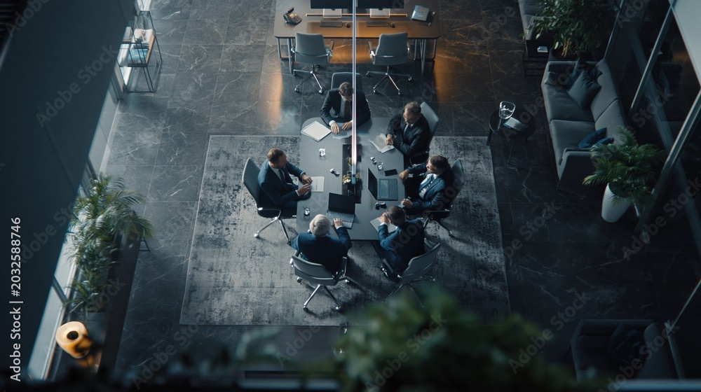 Obraz premium Overhead View of a Modern Corporate Office Meeting Room with Diverse Team Collaborating at a Conference Table