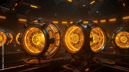 Futuristic corridor features glowing cylindrical devices. Warm orange illumination dominates dark metallic interior. Complex mechanical details visible.