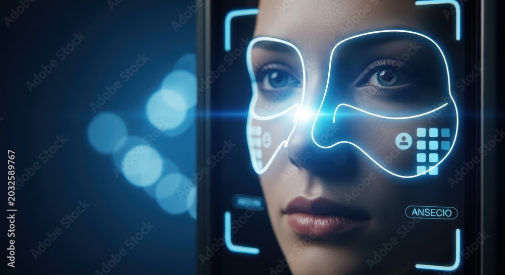 Obraz premium Extreme close-up of a human face undergoing biometric scanning and facial recognition technology for security and identification purposes
