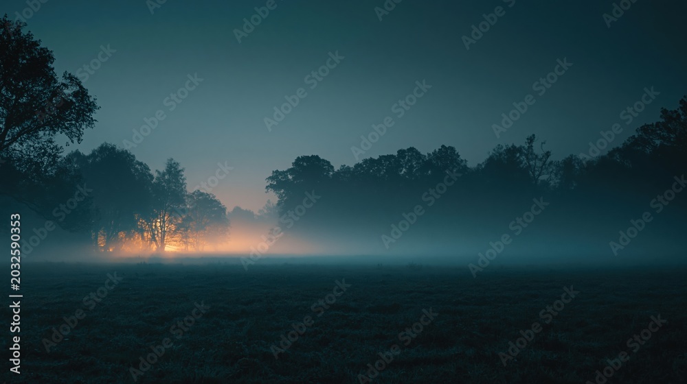 Fototapeta premium Ethereal Misty Forest Landscape at Dusk with Warm Glowing Light Amongst Silhouetted Trees