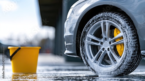 Close up of a car tire being washed, with a yellow bucket nearby