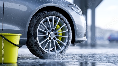 Shiny car wheel detail, bright yellow bucket, soapy water splash