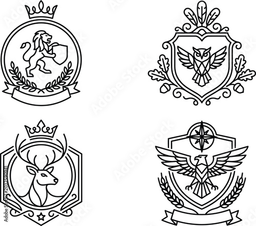 Photography Minimalist vector emblem designs featuring majestic wild animals like lions owls deer and eagles in black and white