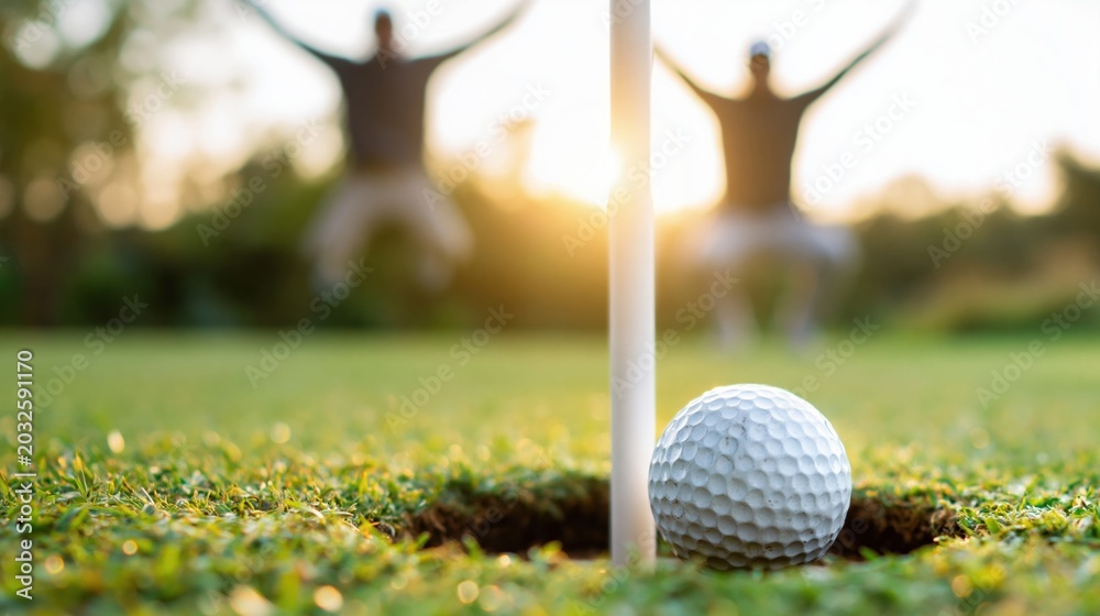 Naklejka premium Golf ball rolling towards hole on green with excited players celebrating in background during sunset