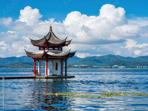 Chinese Pavilion on the Lake Under Blue Sky