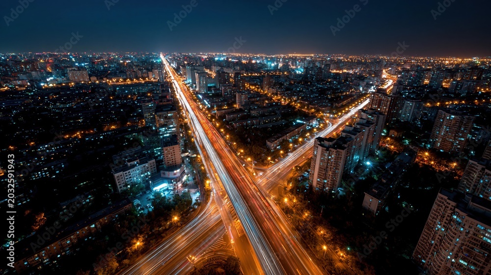 Fototapeta premium Aerial view of a busy city highway interchange at night with glowing light trails from traffic, illuminating the urban landscape.