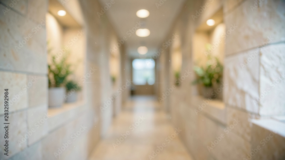 Obraz premium Warm diffused light in polished stone corridor of a luxury wellness center