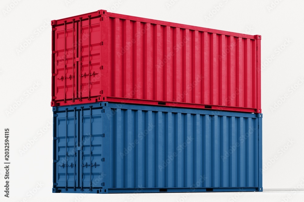 Fototapeta premium Red and blue shipping container, 3D rendering cargo