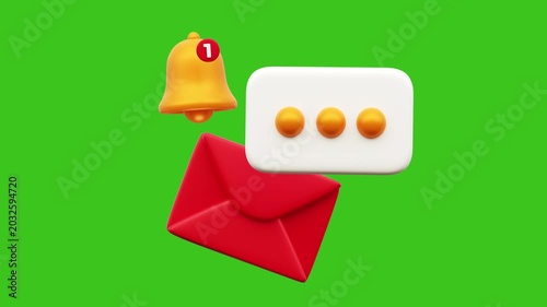 3d rendered icons new message received notification alert loop animation on green screen isolated backgound