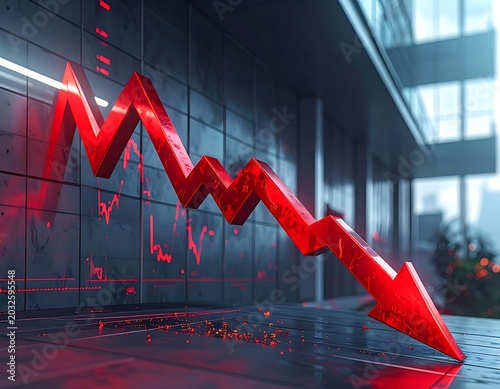 A large red downward arrow graphed on a wall
