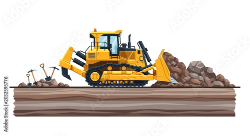 Photography Yellow bulldozer clearing earth and rocks, industrial construction, heavy machin