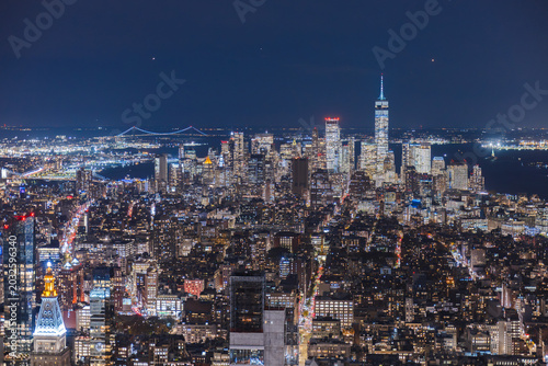 Photos Panoramic night aerial view of Lower Manhattan skyline with One World Trade Cent