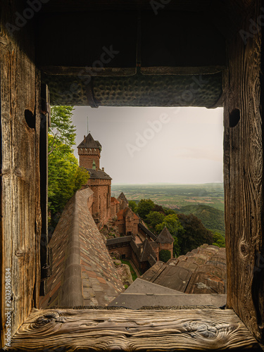 View Through Wooden Window of Medieval Castle Haut Koenigsbourg Wall