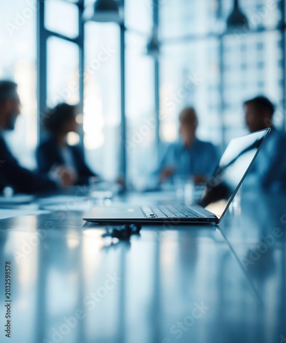 Modern boardroom meeting with blurred professionals discussing strategy around a table with a laptop