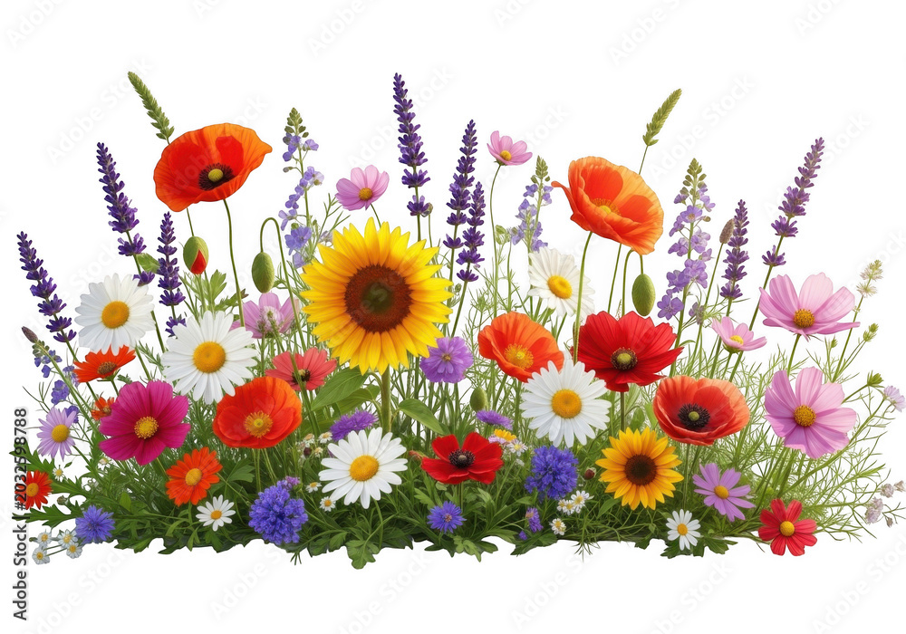 Obraz premium Vibrant meadow flower arrangement featuring yellow sunflowers, red poppies, white daisies, and purple lavender isolated on a black background