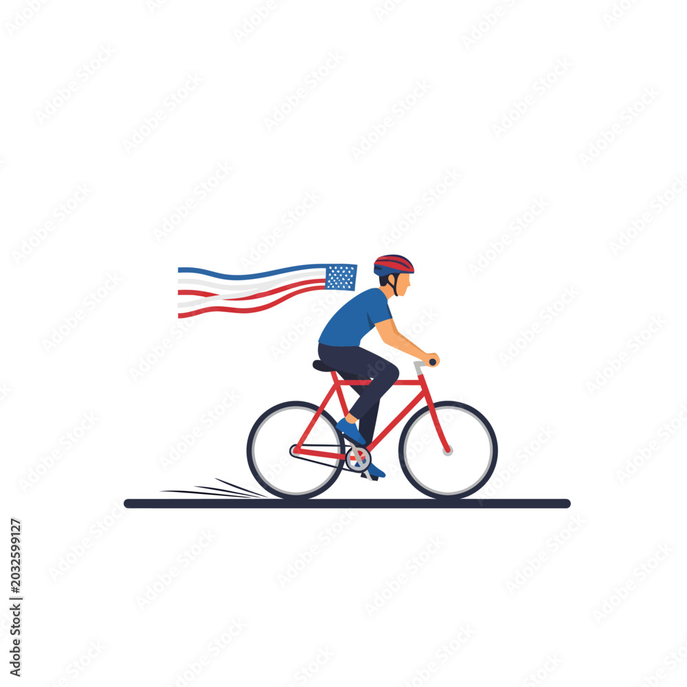 Fototapeta premium Athlete cycling with patriotic stars and stripes banner