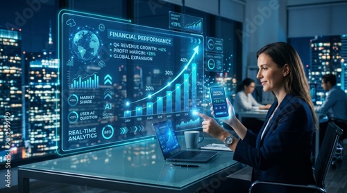Future business growth and finance investment strategy concept with professional businesswoman analyzing digital holographic data dashboard and financial performance charts in modern office.