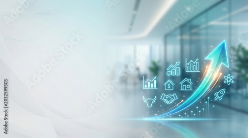 Future business growth and financial investment strategy concept with glowing upward arrow and digital icons representing success profit and economic progress in a modern office background.