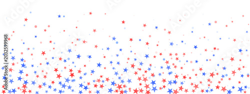  Fourth of July Independence Day design with red, white and blue confetti. Memorial celebration banner featuring American flag colors, sparkles and festive decorative elements.