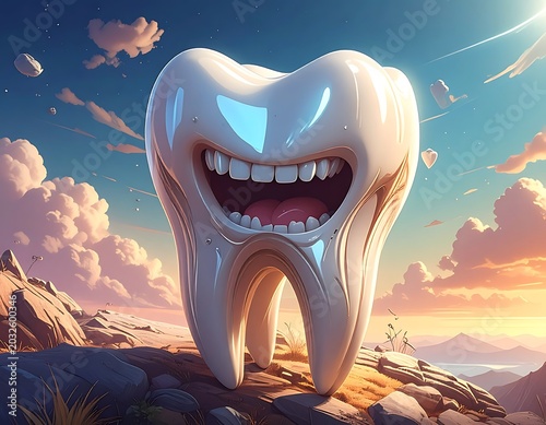 A large shiny tooth with a smile standing on a rocky hill