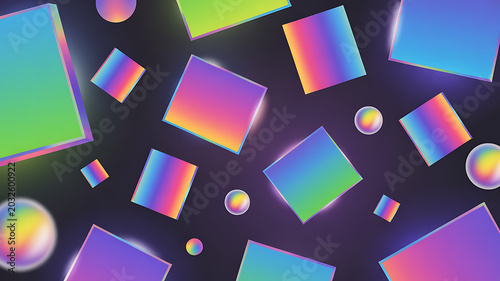 Scattered iridescent squares and spheres on dark background, abstract geometric shapes.