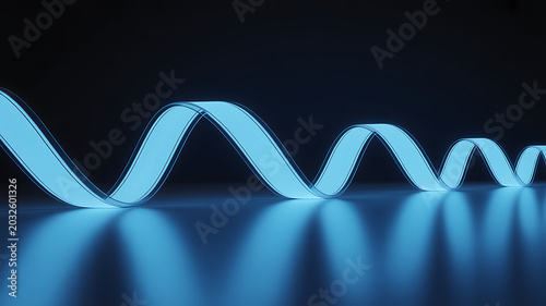 Bright blue glowing spiral ribbon light on dark reflective surface, abstract design.