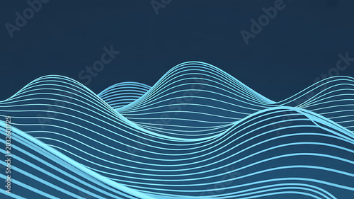 Abstract blue waves background 3d rendering. smooth lines on dark backdrop illustration modern design.