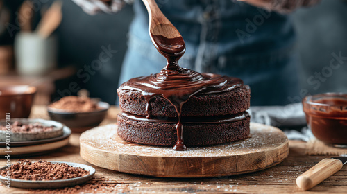 Baker decorating chocolate cake with smooth ganache for World Chocolate Day concept, spreading glaze on a tiered cocoa sponge dessert in a moody kitchen setting