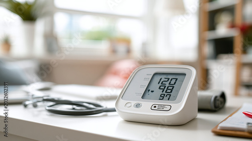 Digital blood pressure monitor on a doctor's desk showing high readings for cardiovascular health monitoring concept in a bright medical clinic setting
