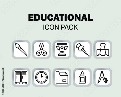 Modern education vector icon collection with school supplies, academic resources, student activities, science equipment, library elements, and classroom tools. Designed in a consistent outline style w