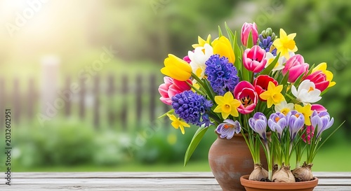 Colorful spring flower bouquet with tulips hyacinths and daffodils in a garden setting
