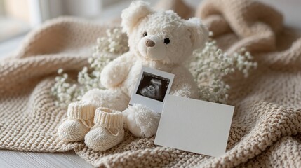 Adorable Teddy Bear with Ultrasound Photo and Baby Booties, Symbolizing Pregnancy and New Life