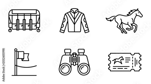 Photos Horse Racing Icons Set: Jockey Silks, Starting Gate, Horse, Binoculars, Flag, Ti