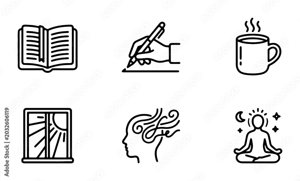 Fototapeta premium Mindfulness Icons: Reading, Writing, Coffee, Sunrise, Ideas, Meditation, Wellness Set