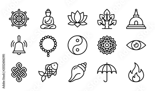 Cuadro en lienzo Buddhist Icons Set, Dharma Wheel, Buddha, Lotus Flower, Sacred Symbols, Vector G
