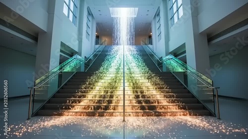 Modern Staircase with Dramatic Light Rays and Rainbow Effect.