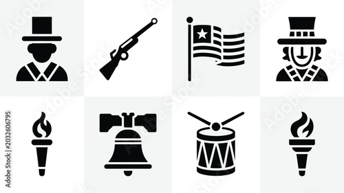Φωτογραφία Patriotic icons set including colonial people weapons flag torch bell and drum f