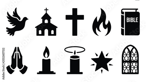 Grid layout of white monday silhouette icons including church cross bible dove flame prayer hands candles and stained glass window on white background