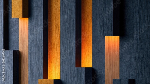 Abstract pattern of vertical wooden slats with warm light glowing between them