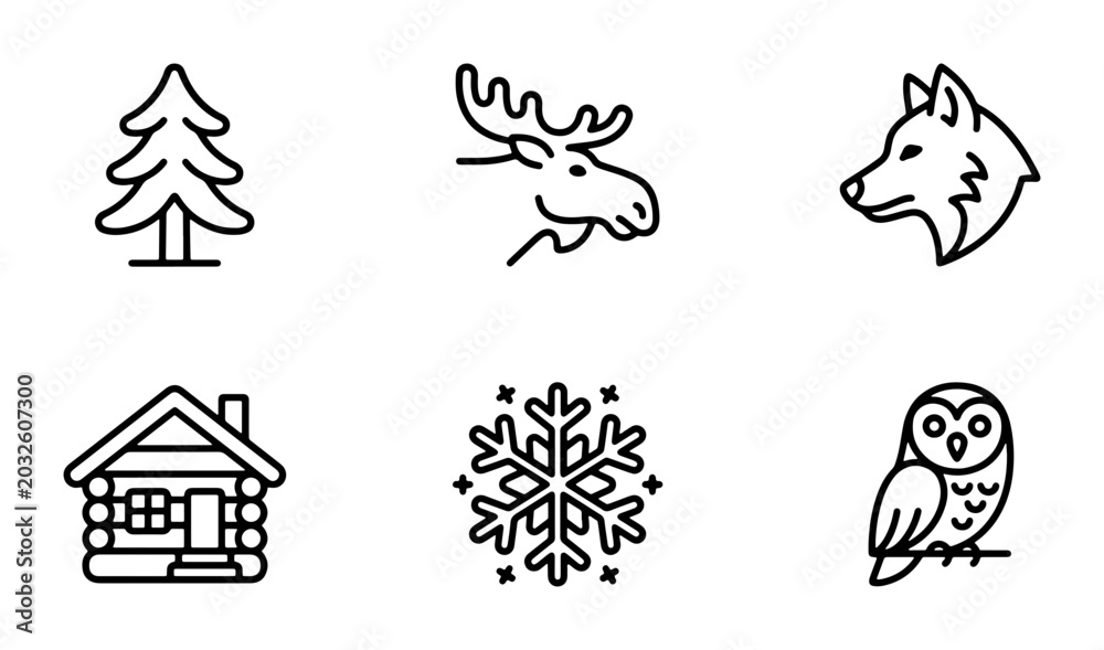 Fototapeta premium Winter Forest Icons: Moose, Wolf, Owl, Cabin, Snowflake, Pine Tree Vector Set