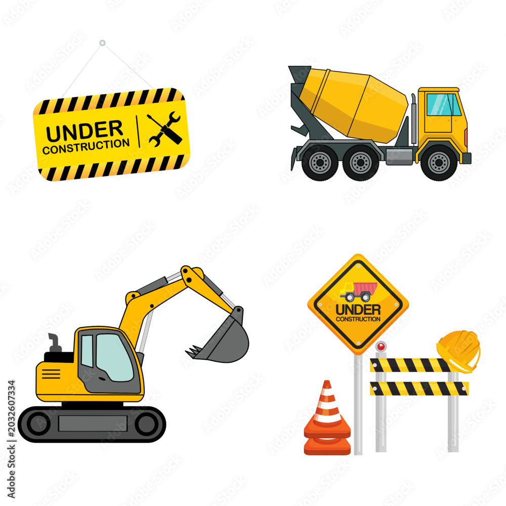 Naklejka premium Vector graphic set featuring a yellow excavator, cement mixer truck, barrier cones, and under construction alerts. Perfect designs for industrial building projects and heavy machinery.