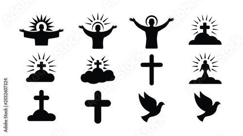 Canvastavla Collection of black silhouettes depicting christian symbols and icons including