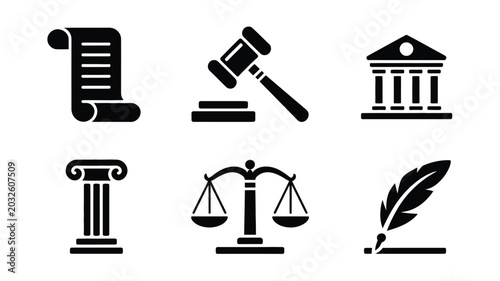 Flat design illustration featuring law icons including gavel scroll courthouse column scales and quill on white background
